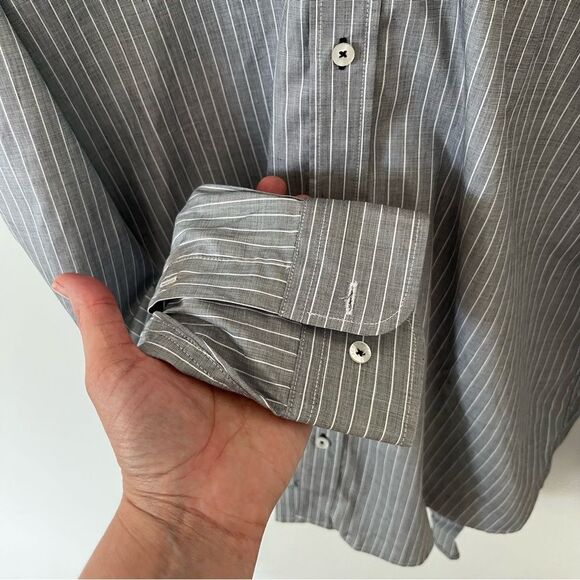 Lacoste Devanlay Grey White Pinstripe Slim Fit Cotton Long Sleeve Dress Shirt - Picture 4 of 9